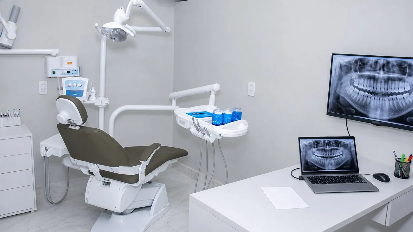 Consultório da CDC Odonto em Souzel, com raio-X digital panorâmico na tela